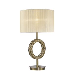 Florence Round Table Lamp With Cream Shade 1 Light E27 Antique Brass/Crystal