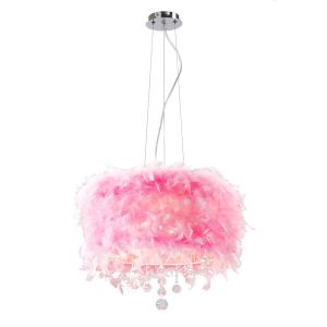 Ibis 35cm Pendant With Pink Feather Shade 3 Light E14 Polished Chrome/Crystal
