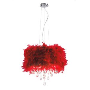 Ibis 35cm Pendant With Red Feather Shade 3 Light E14 Polished Chrome/Crystal