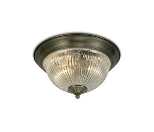 Macy 28.5cm IP44 2 Light E14 Flush Ceiling Light, Antique Brass With Clear Ribbed Glass