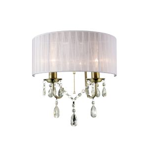 Olivia Wall Lamp Switched With White Shade 2 Light E14 Antique Brass/Crystal