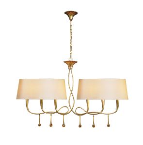 Paola Linear Pendant 2 Arm 6 Light E14, Gold Painted With Ccrain Shades & Amber Glass Droplets (3541)