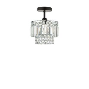 Riva 1 Light E27 Black Semi Flush Ceiling Fixture C/W Polished Chrome Shade With Crystal Glass Droppers