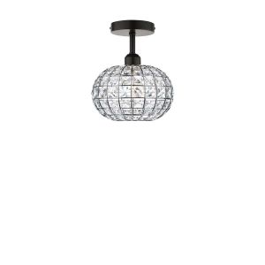 Riva 1 Light E27 Black Semi Flush Ceiling Fixture C/W Chrome Finish Frame Shade With Faceted Crystal Glass Sqaure Shaped Beads