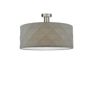 Edie 1 Light E27 Antique Chrome Semi Flush C/W Grey Cotton Drum Shade With Diamond Pattern Design & Complete With A Removable Diffuser