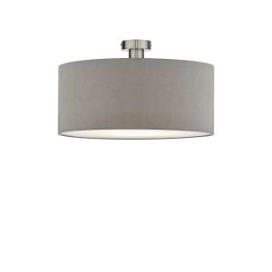 Edie 1 Light E27 Antique Chrome Semi Flush C/W Slate Grey Faux Silk 40cm Drum Shade With Soft White Acrylic Diffuser