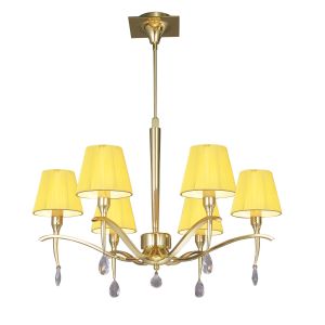 Siena 63cm Pendant Round 6 Light E14, Polished Brass With Amber Cream Shades And Clear Crystal