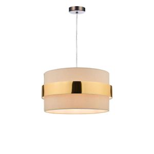 Alto 1 Light E27 Antique Chrome Adjustable Pendant C/W Taupe Cotton Shade With Gold Band Finish