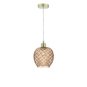 Alto 1 Light E27 Satin Brass Adjustable Pendant C/W Champagne Diagonal Cut Glass Shade