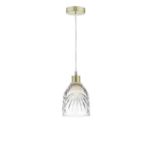 Alto 1 Light E27 Satin Brass Adjustable Pendant C/W Clear Cut Glass Shade With Palm Leaf-Style Engravings