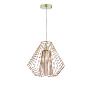 Alto 1 Light E27 Satin Brass Adjustable Pendant C/W Copper Geometric Wirework Shade