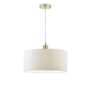 Alto 1 Light E27 Satin Brass Adjustable Pendant C/W White Smooth Faux Silk 40cm Drum Shade With Soft White Acrylic Diffuser