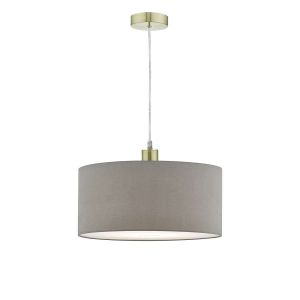 Alto 1 Light E27 Satin Brass Adjustable Pendant C/W Slate Grey Faux Silk 40cm Drum Shade With Soft White Acrylic Diffuser