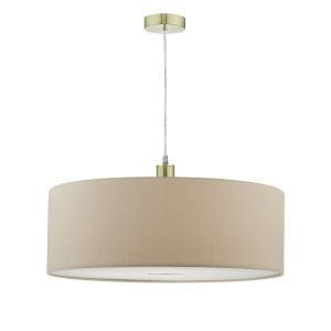 Alto 1 Light E27 Satin Brass Adjustable Pendant C/W Taupe Faux Silk 60cm Drum Shade With Soft White Acrylic Diffuser