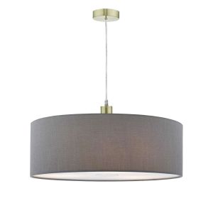 Alto 1 Light E27 Satin Brass Adjustable Pendant C/W Slate Grey Faux Silk 60cm Drum Shade With Soft White Acrylic Diffuser