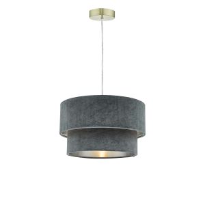 Alto 1 Light E27 Satin Brass Adjustable Pendant C/W Cool Grey Velvet Shade With A Silver Metallic Lining