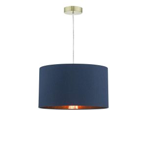 Alto 1 Light E27 Satin Brass Adjustable Pendant C/W Navy Blue Smooth Faux Silk Drum Shade With Metallic Rose Gold Lining