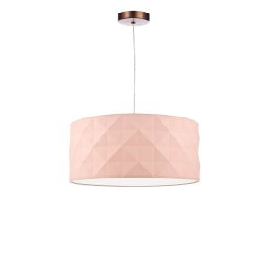 Alto 1 Light E27 Aged Copper Adjustable Pendant C/W Pink Cotton Drum Shade With Diamond Pattern Design & Complete With A Removable Diffuser