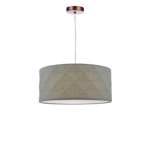 Alto 1 Light E27 Aged Copper Adjustable Pendant C/W Grey Cotton Drum Shade With Diamond Pattern Design & Complete With A Removable Diffuser