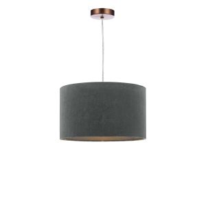 Alto 1 Light E27 Aged Copper Adjustable Pendant C/W Grey Velvet Drum Shade With Self Coloured Cotton Lining