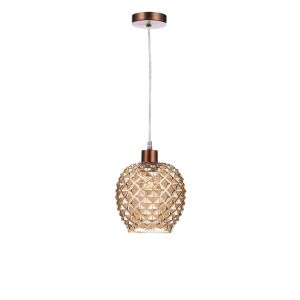 Alto 1 Light E27 Aged Copper Adjustable Pendant C/W Champagne Diagonal Cut Glass Shade