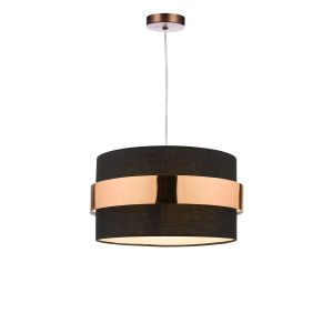 Alto 1 Light E27 Aged Copper Adjustable Pendant C/W Black Cotton Shade With Copper Band Finish