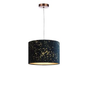 Alto 1 Light E27 Aged Copper Adjustable Pendant C/W Navy Blue Velvet Shade With Gold Speckle Pattern Finish