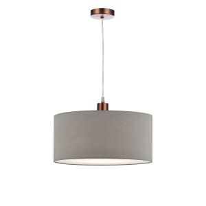 Alto 1 Light E27 Aged Copper Adjustable Pendant C/W Slate Grey Faux Silk 40cm Drum Shade With Soft White Acrylic Diffuser