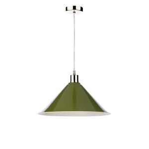 Alto 1 Light E27 Satin Chrome Adjustable Pendant C/W Olive Green Metal Shade With White Inner