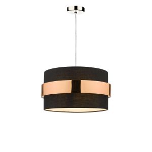 Alto 1 Light E27 Satin Chrome Adjustable Pendant C/W Black Cotton Shade With Copper Band Finish