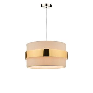 Alto 1 Light E27 Satin Chrome Adjustable Pendant C/W Taupe Cotton Shade With Gold Band Finish