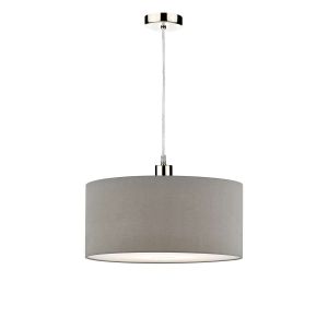 Alto 1 Light E27 Satin Chrome Adjustable Pendant C/W Slate Grey Faux Silk 40cm Drum Shade With Soft White Acrylic Diffuser