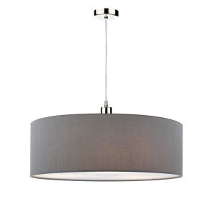 Alto 1 Light E27 Satin Chrome Adjustable Pendant C/W Slate Grey Faux Silk 60cm Drum Shade With Soft White Acrylic Diffuser