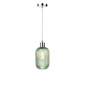 Alto 1 Light E27 Satin Chrome Adjustable Pendant C/W Green Ribbed Glass Shade